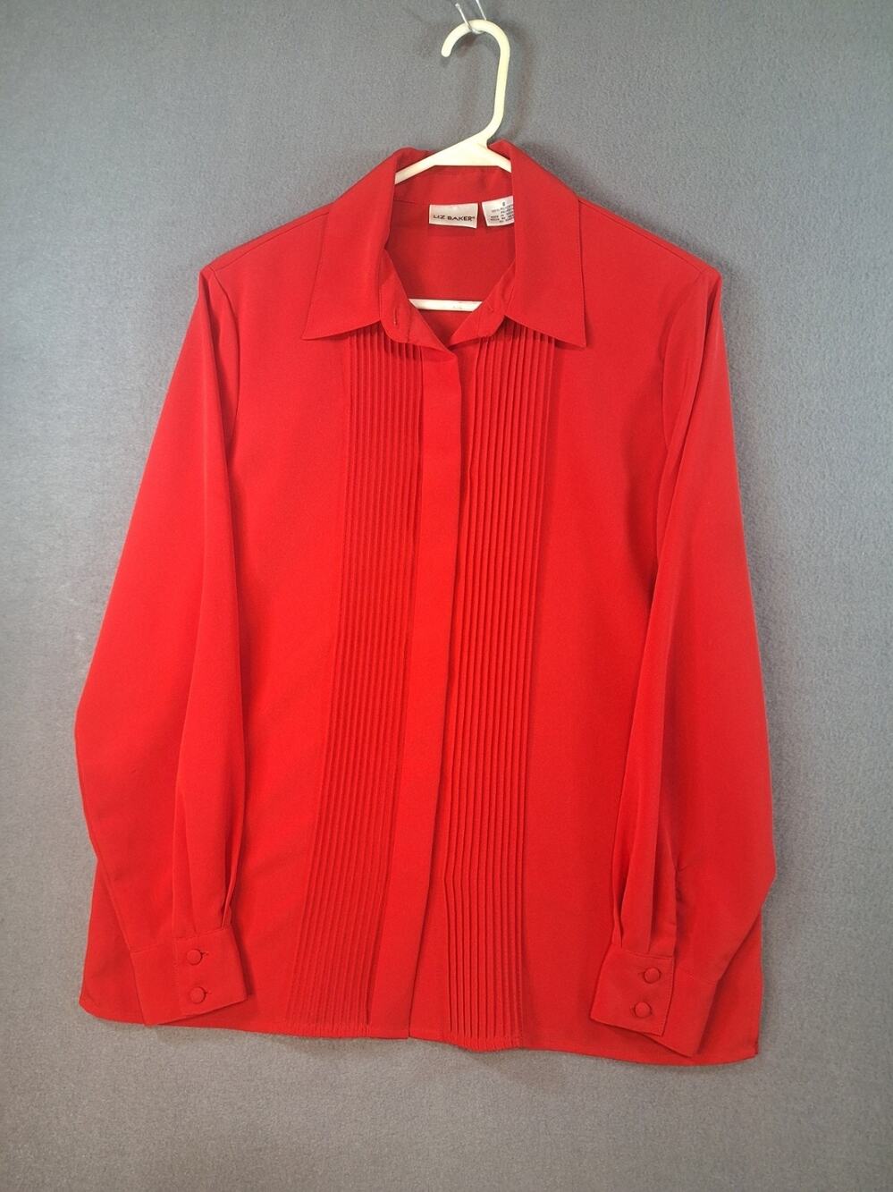 Womens Liz Baker Red Sheer Pleated Button Down Blouse Long Sleeve Size 8